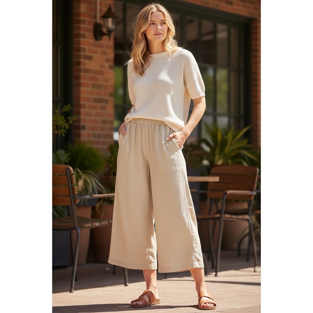 Pure Jill Sand-Washed Wide Leg Pants XL Tan Beige Tencel Modal Cropped Elastic